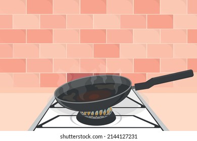 hot frying pan with non-stick coating on gas stove fire kitchen vector illustration