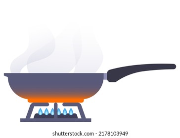hot frying pan on a gas stove. cook dinner at home. flat vector illustration.