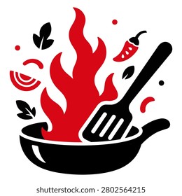 Hot frying pan with spatula icon isolated on white background. Bold black and red cooking illustration with large flames, chili pepper, onion slice, leaves, and decorative dots for restaurant, bbq, kitchen, sticker, label, menu, and cutting file design.
