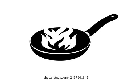 hot frying pan,Cooking poster with cooking pan, fire flame, black isolated silhouette