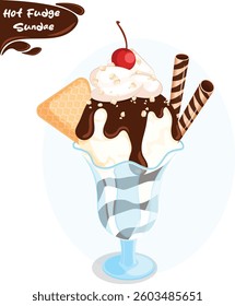 Hot Fudge Sundae with Vanilla Ice Cream Scoop, Chocolate Syrup, Whipped Cream, Nuts, Biscuit, Wafer Sticks and Cherry Toppings. Summer Dessert Vector Art
