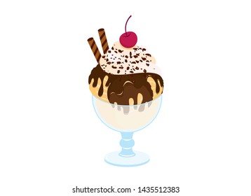 Hot Fudge Sundae vector. Chocolate sundae icon vector. Hot Fudge Sundae isolated on a white background. Ice cream cup vector illustration
