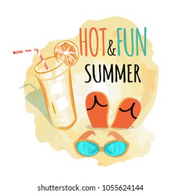 Hot and fun summer background, vector illustration of refreshing beverage with orange and pair of flip-flops on sand and sunglasses nearby