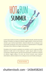 Hot and fun summer, diver in flippers and mask diving into deep sea waters, isolated logo. Vector man in protective swimsuit spend free time at summer