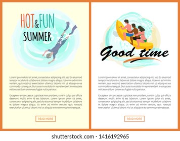 Hot and fun summer vector, man wearing special equipment, scuba diving male hobby. Good time of people riding banana boat on sea waves websites set