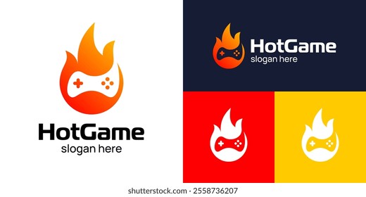 Hot game logo design. Joystick logo with fire design vector symbol icon