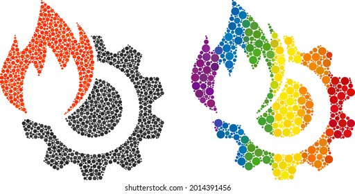 Hot gear mosaic icon of filled circles in variable sizes and rainbow color tints. A dotted LGBT-colored hot gear for lesbians, gays, bisexuals, and transgenders.