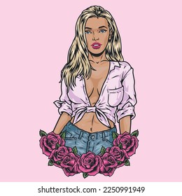 Hot girl blonde sticker colorful with portrait of model in tied shirt and near jeans with pink roses vector illustration