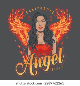 Hot girl colorful detailed poster with beautiful brunette woman with fire wings and words fiery angel vector illustration