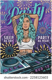 Hot girl dj poster colorful mixing console for hard party in nightclub and tattooed woman in seductive clothes vector illustration