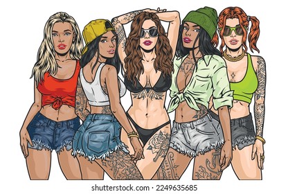 Hot girl friends colorful label models with cool tattoos stand in attractive pose dressed in summer hipster style vector illustration