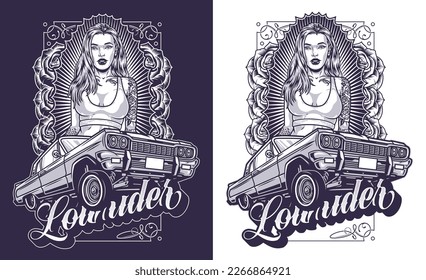 Hot girl lowrider flyer monochrome with car for show or drivers festival and cocky woman in hipster style vector illustration svg