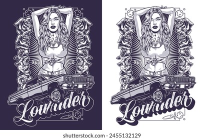 Hot girl lowrider flyer monochrome a car to participate in show and cool belle standing in short t-shirt vector illustration