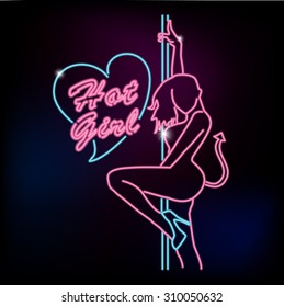 Hot Girl Neon Sign With Silhouette Of Sexy Devil Pole Dancer