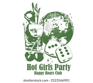 Hot girl party night. Mirror love. Self love club t shirt design. Disco party ball, dice, cherry, drink glass graphic print design poster.