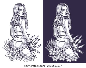Hot girl portrait label monochrome tropical flowers and leaves near model in summer clothes for youth magazine vector illustration