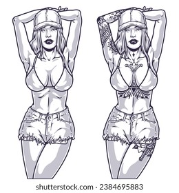 Hot girl portrait sketch monochrome attractive woman in youth shorts and bra posing with hands behind head vector illustration