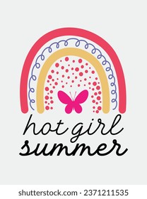 Hot girl Summer vacation quote lettering beach sign with Boho rainbow on white background