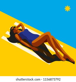 Hot girl sunbathing on the beach. Vacation at sea.  Sandy beach.