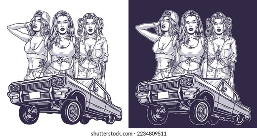 Hot Girls Lowriders monochrome sticker with retro car and girl friends posing in cocky looks for drivers magazine vector illustration svg