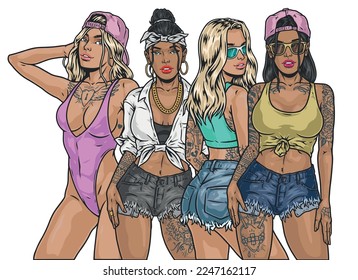 Hot girls portrait label colorful Attractive tattooed models from student magazine stand in seductive pose in summer clothes vector illustration