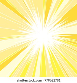 Heiße und glänzende Sommersonne, abstrakter Hintergrund der Sonnenstrahlen, sonniger Hintergrund, zentrierter gelber Orange Summer Sun Light Burst