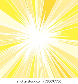 Sol de verano caliente y brillante, fondo abstracto de los rayos solares, fondo de ráfaga de sol, luz solar de verano naranja amarillo centrada