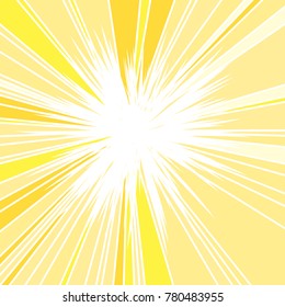 Heiße und glänzende Sommersonne, abstrakter Hintergrund der Sonnenstrahlen, sonniger Hintergrund, zentrierter gelber Orange Summer Sun Light Burst