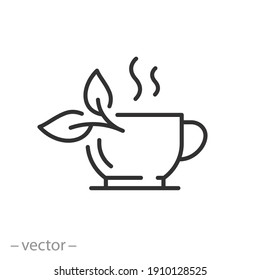 hot green or black tea, preparation aroma drink icon, herbal leaf, cup with steam, mug, thin line web symbol on white background - editable stroke vector illustration