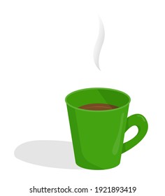 Hot green cup with coffee or tea, cartoon. Isolated colored object on a white.