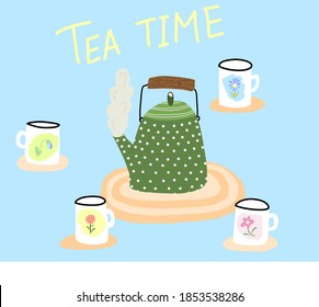 Hot green kettle with polka dots and four cups of tea with different floral designs. Tea time concept in gentle colors. Cozy and warm.