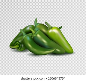 Hot green pepper on transparent background. Jalapeno groupe. Quality realistic vector, 3d illustration.