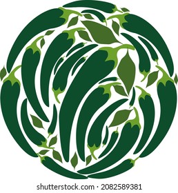 Hot green peppers in a circle. Vector flat design template. Background of food, gardening or horticulture.