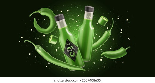 Botella de producto de salsa verde caliente con pedazos enteros voladores y pimienta de cayena fría. Plantilla de Vector realista anuncios 3D ilustración.