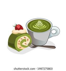 The hot green tea in a ceramic cup has a green tea roll cake and a spoon placed on the side.Isolated vector illustration on a white background.