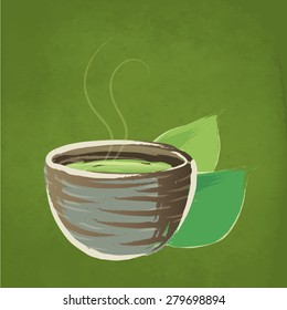 hot green tea in a ceramic cup illustration, vector