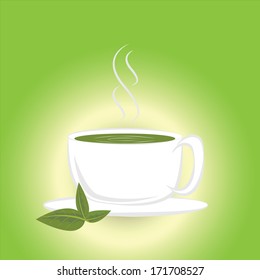 Hot green tea or cup of tea on a green background