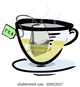 Hot green tea in a glass cup. Hand drawing colorful sketch vector illustration