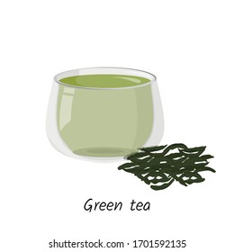 Hot green tea in glass cup and a handful of tea isolated on white background. Vector drink illustration.