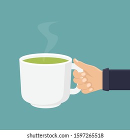 Hot green tea, hand holding hot green tea cup, flat design vector illustration