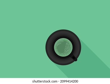 Hot green tea latte in black cup and saucer, green background vector illustration