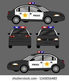 Hot grey police sedan car. View from front, back and side. Isolated icon of automobile. Realistic vehicle.
Flat illustration set of auto. Cartoon tranport.