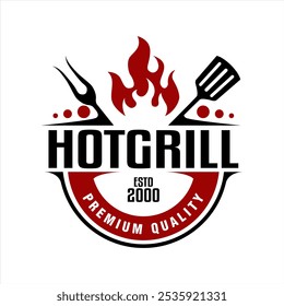 Hot Grill bbq premium Logo emblem label Diseño Ilustración vectorial Plantilla vintage retro
Logotipo del restaurante de la barbacoa a la parrilla con el icono rojo de la llama del fuego 