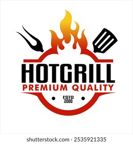 Hot Grill bbq premium Logo emblem label Diseño Ilustración vectorial Plantilla vintage retro
Logotipo del restaurante de la barbacoa a la parrilla con el icono rojo de la llama del fuego 