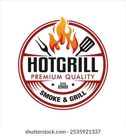 Hot Grill bbq premium Logo emblem label Diseño Ilustración vectorial Plantilla vintage retro
Logotipo del restaurante de la barbacoa a la parrilla con el icono rojo de la llama del fuego 