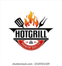 Hot Grill bbq premium Logo emblem label Diseño Ilustración vectorial Plantilla vintage retro
Logotipo del restaurante de la barbacoa a la parrilla con el icono rojo de la llama del fuego 