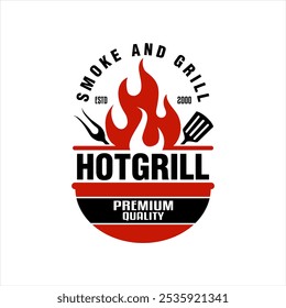 Hot Grill bbq premium Logo emblem label Diseño Ilustración vectorial Plantilla vintage retro
Logotipo del restaurante de la barbacoa a la parrilla con el icono rojo de la llama del fuego 