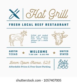 Hot Grill Beef Restaurant Signs, Titles, Inscriptions and Menu Decoration Elements Set. Premium Quality Retro Typography Layout with Hand Drawn Icons and Symbols. Vintage Cow Label Template. Isolated.