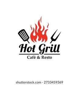 Hot grill cafe and resto logo with flame spatula and fork for restaurant branding design vector illustration