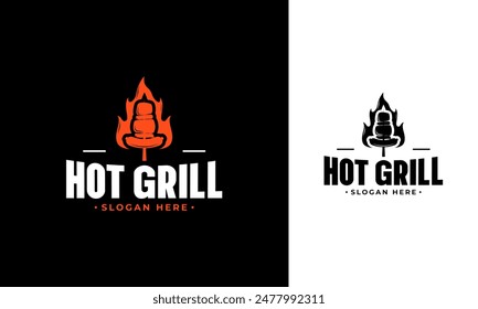 Hot grill logo design. BBQ time symbol with sausage, cutlets and fire concept. Restaurant vector icon